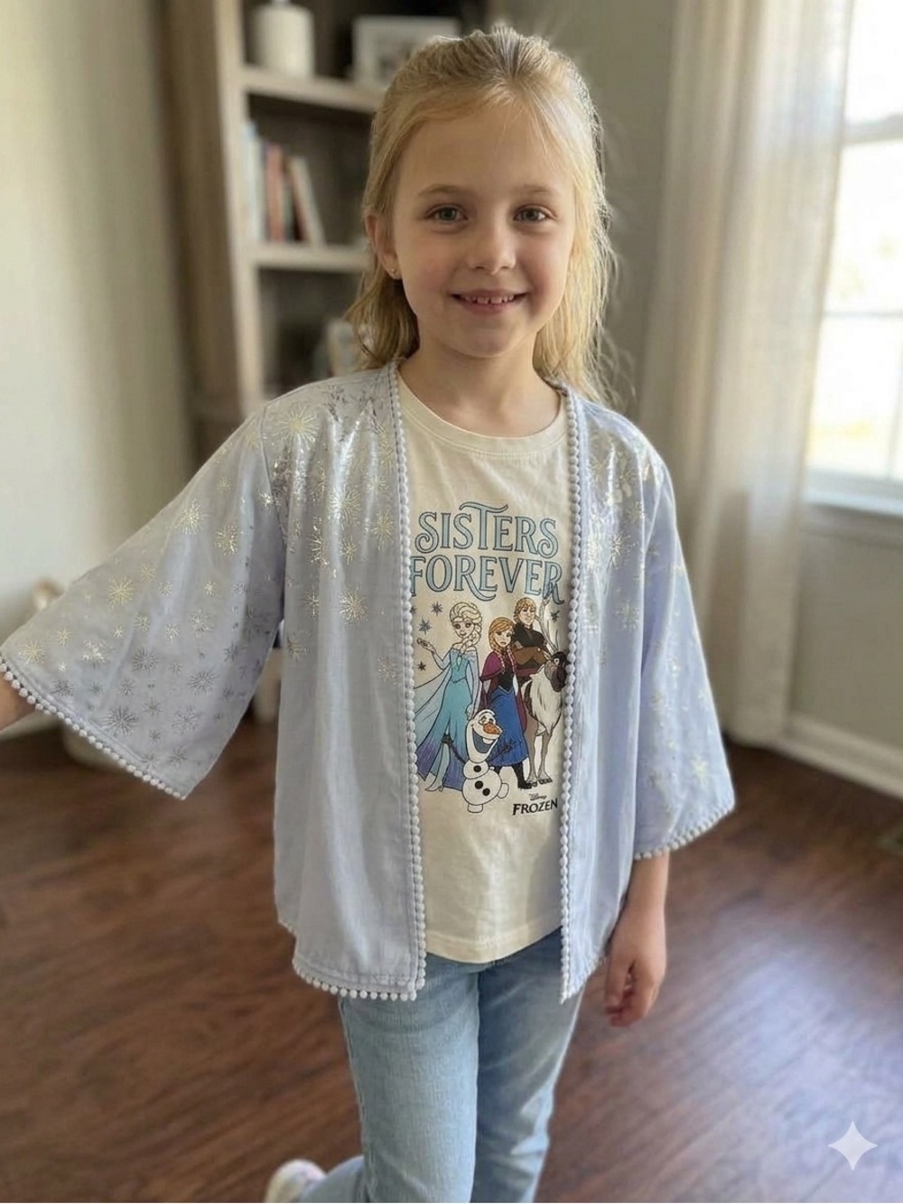 Disney Frozen 2 Elsa Cardigan Kimono Girls M/L Blue Silver Snowflake Pom Pom